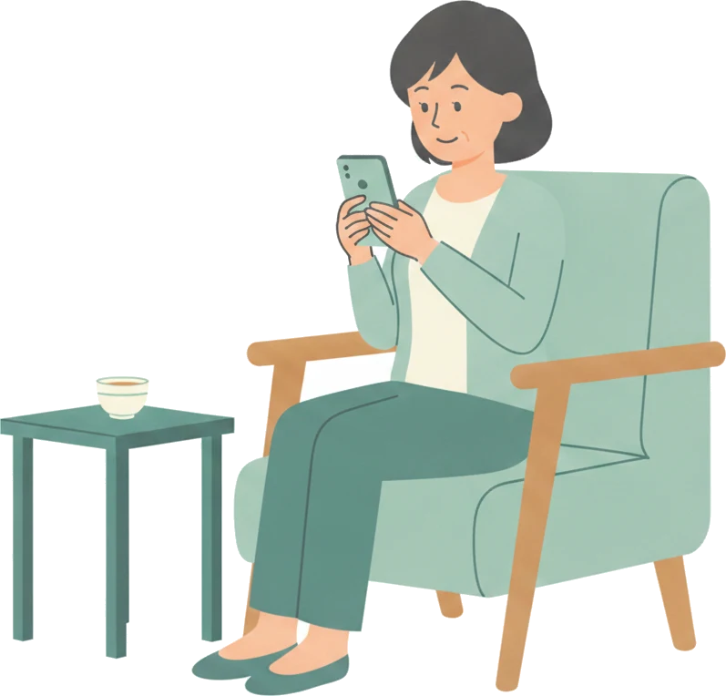 自宅の椅子に座り、スマートフォンで相続について調べている方のイラスト