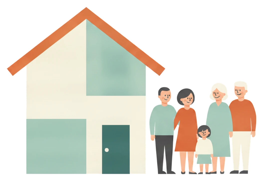 ご自宅と、祖父母・親・子の三世代のご家族のイラスト
