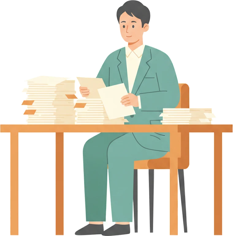 積まれた書類を引き受けて整理している司法書士のイラスト