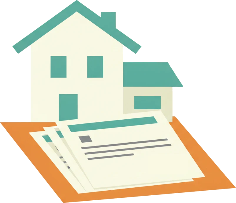 一戸建て住宅と、重ねられた登記の書類のイラスト
